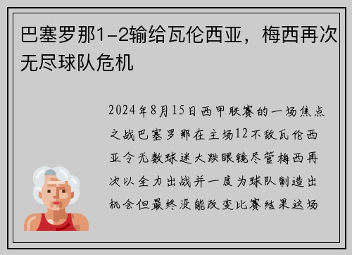 巴塞罗那1-2输给瓦伦西亚，梅西再次无尽球队危机