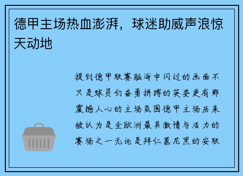 德甲主场热血澎湃，球迷助威声浪惊天动地
