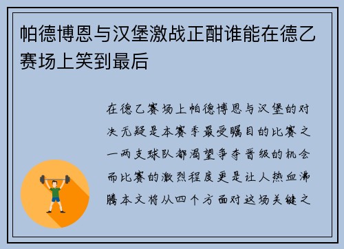 帕德博恩与汉堡激战正酣谁能在德乙赛场上笑到最后