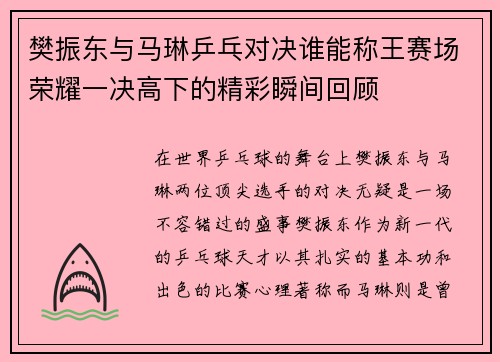 樊振东与马琳乒乓对决谁能称王赛场荣耀一决高下的精彩瞬间回顾