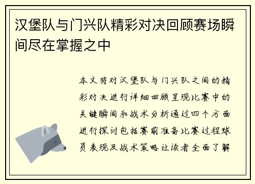 汉堡队与门兴队精彩对决回顾赛场瞬间尽在掌握之中