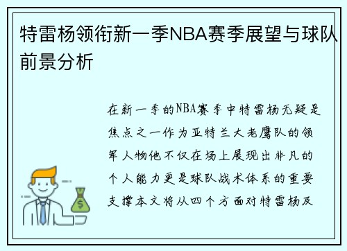 特雷杨领衔新一季NBA赛季展望与球队前景分析