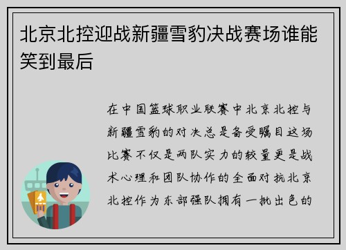 北京北控迎战新疆雪豹决战赛场谁能笑到最后