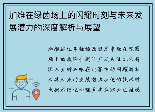 加维在绿茵场上的闪耀时刻与未来发展潜力的深度解析与展望