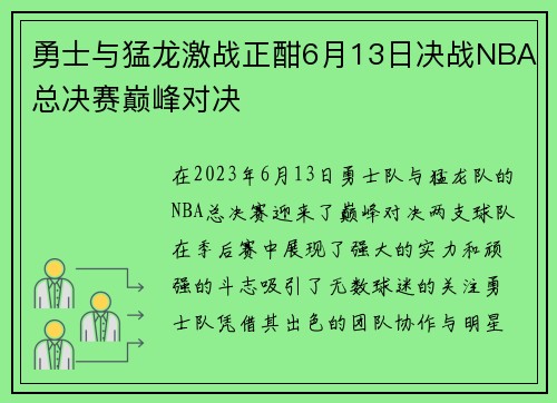 勇士与猛龙激战正酣6月13日决战NBA总决赛巅峰对决
