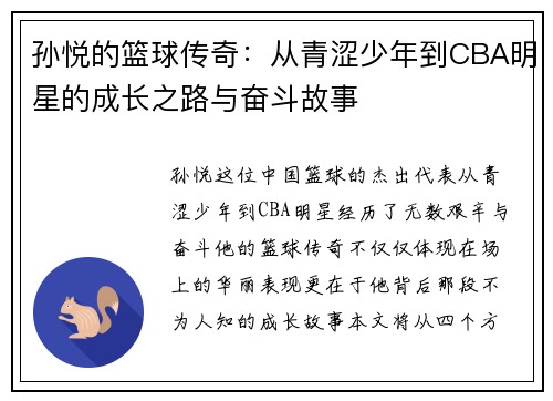 孙悦的篮球传奇：从青涩少年到CBA明星的成长之路与奋斗故事
