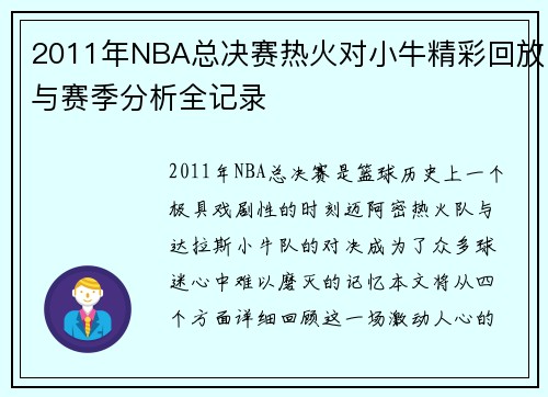 2011年NBA总决赛热火对小牛精彩回放与赛季分析全记录