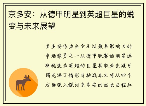 京多安：从德甲明星到英超巨星的蜕变与未来展望
