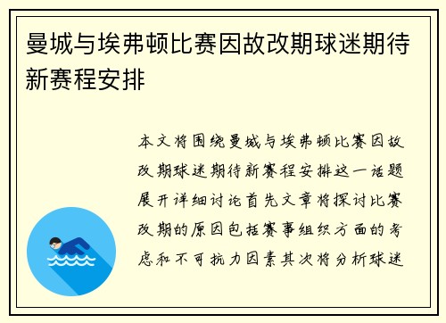曼城与埃弗顿比赛因故改期球迷期待新赛程安排