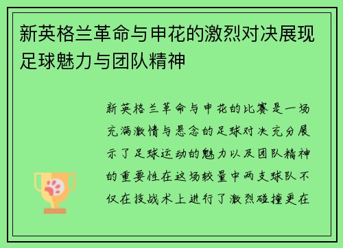 新英格兰革命与申花的激烈对决展现足球魅力与团队精神