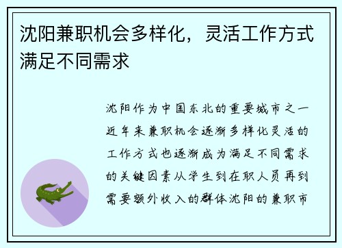 沈阳兼职机会多样化，灵活工作方式满足不同需求