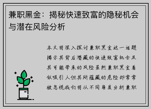 兼职黑金：揭秘快速致富的隐秘机会与潜在风险分析