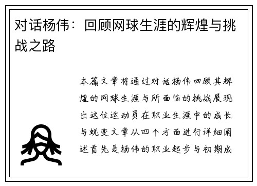 对话杨伟：回顾网球生涯的辉煌与挑战之路