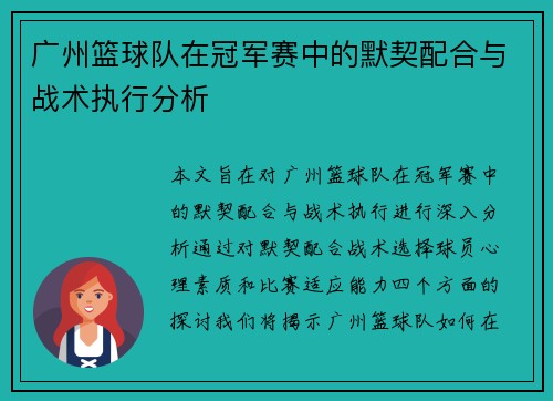 广州篮球队在冠军赛中的默契配合与战术执行分析