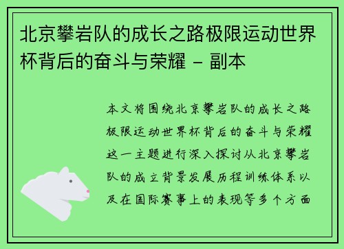 北京攀岩队的成长之路极限运动世界杯背后的奋斗与荣耀 - 副本