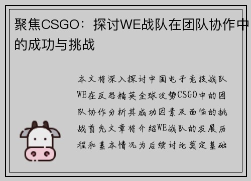 聚焦CSGO：探讨WE战队在团队协作中的成功与挑战